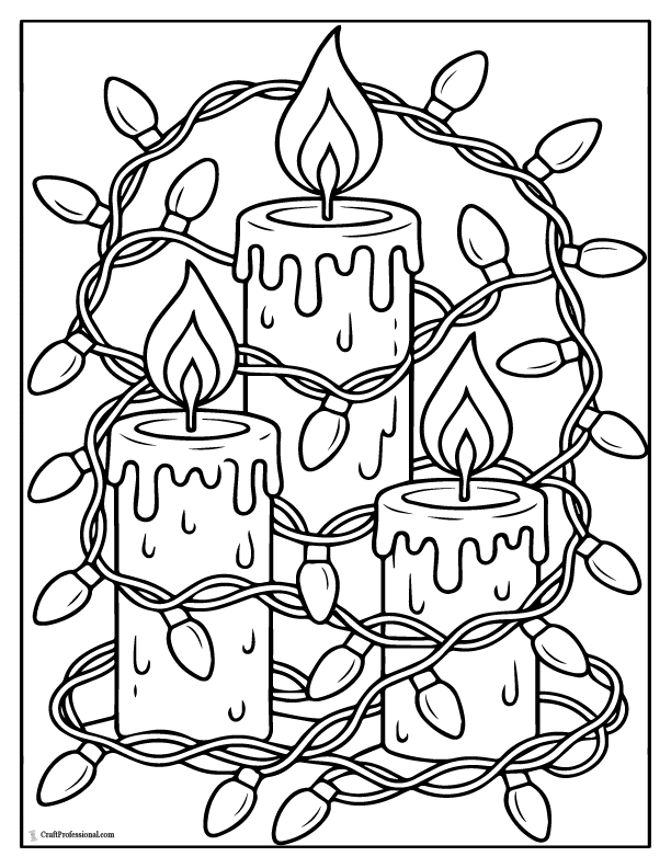 Intricate garland of Christmas lights wrapped around candles coloring page.