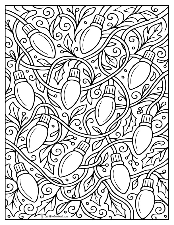 Detailed Christmas light bulbs with intricate patterned background coloring page.
