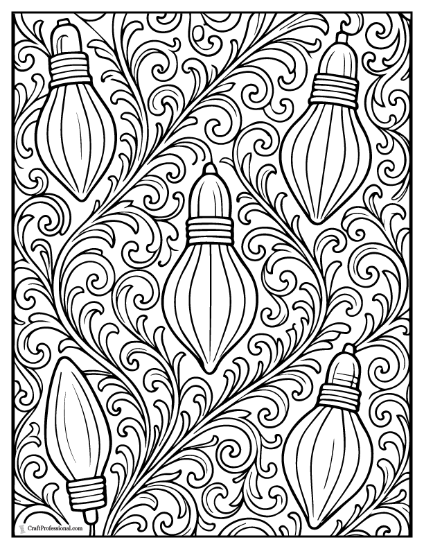 Vintage Christmas light bulbs with scroll filigree background coloring page.