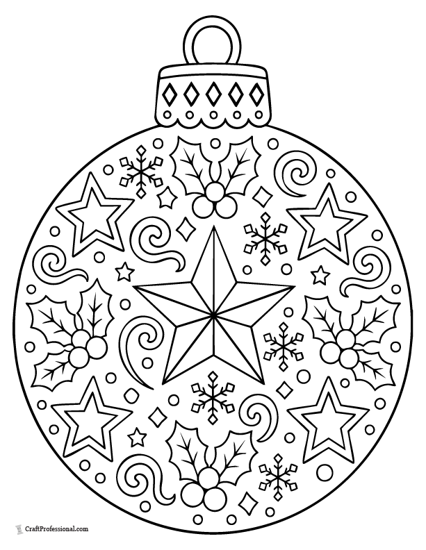 Detailed Christmas ornament mandala coloring page with snowflakes, stars, holly leaves, and decorative patterns.