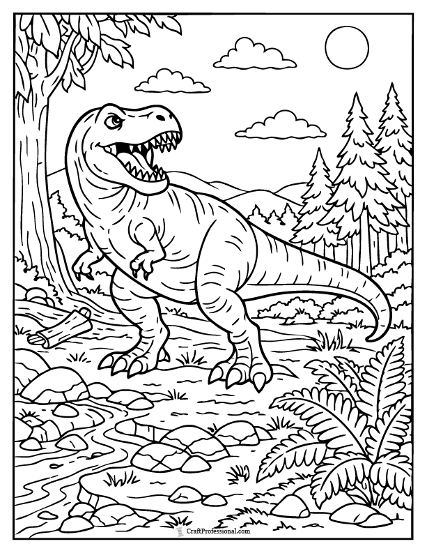 Detailed dinosaur in a forest coloring page