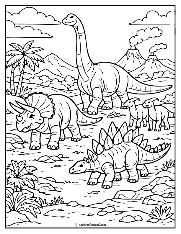 Detailed dinosaur herd walking coloring page