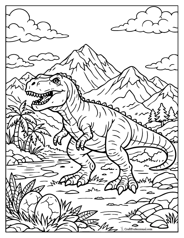 Detailed dinosaur near mountains coloring page