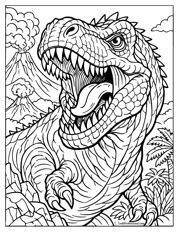 Detailed dinosaur roaring close-up coloring page