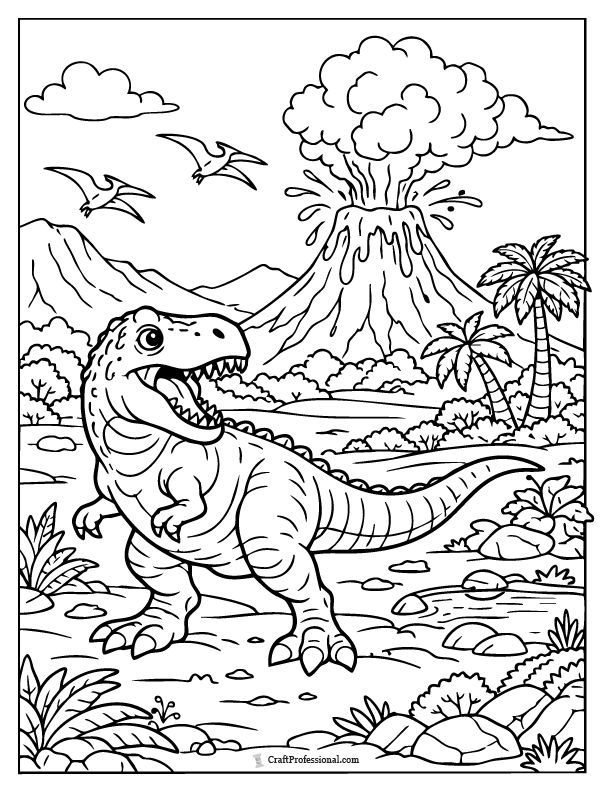 Detailed dinosaur and volcano landscape coloring page