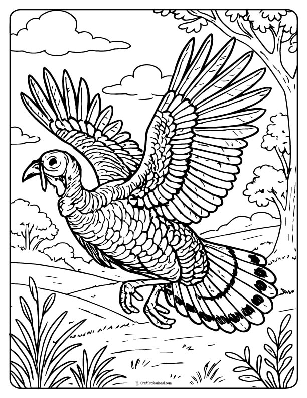 Turkey flying over a field detailed coloring page