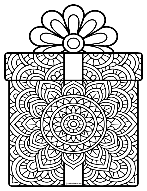 Detailed present with mandala ribbons and patterns to color.