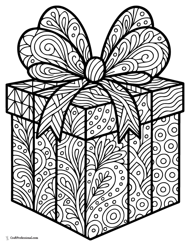 Detailed present with zentangle ribbons and patterns to color.