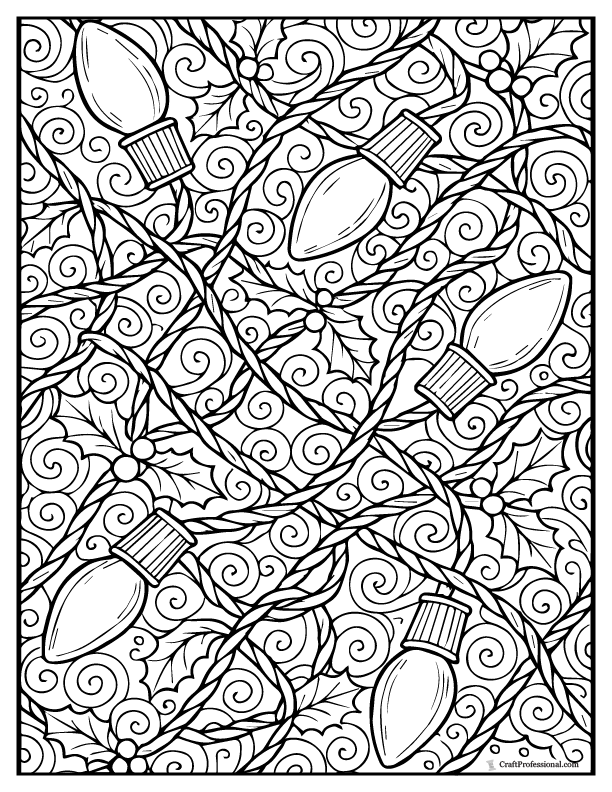 Detailed Christmas light bulbs with scroll filigree background. coloring sheet.