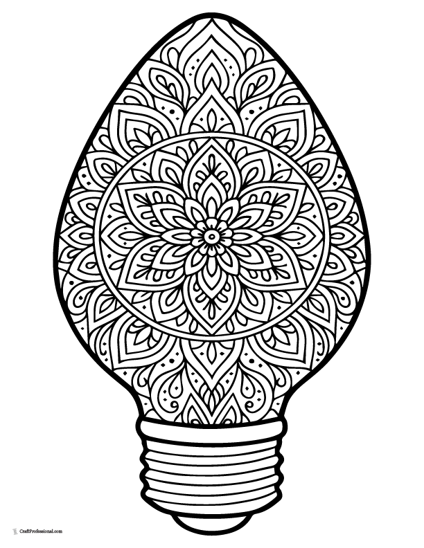Intricate Christmas light bulb-shaped mandala coloring page.