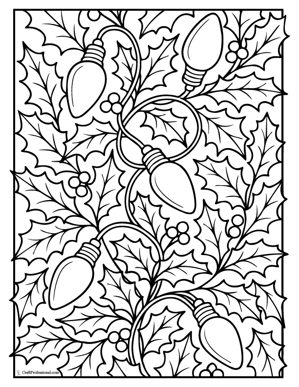 Christmas lights weaving through holly leaves coloring sheet.