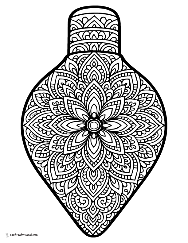 Detailed Christmas light bulb-shaped mandala coloring page.