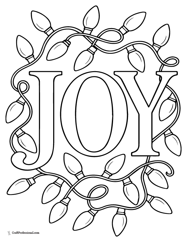 Joy word art wrapped in Christmas lights coloring sheet.