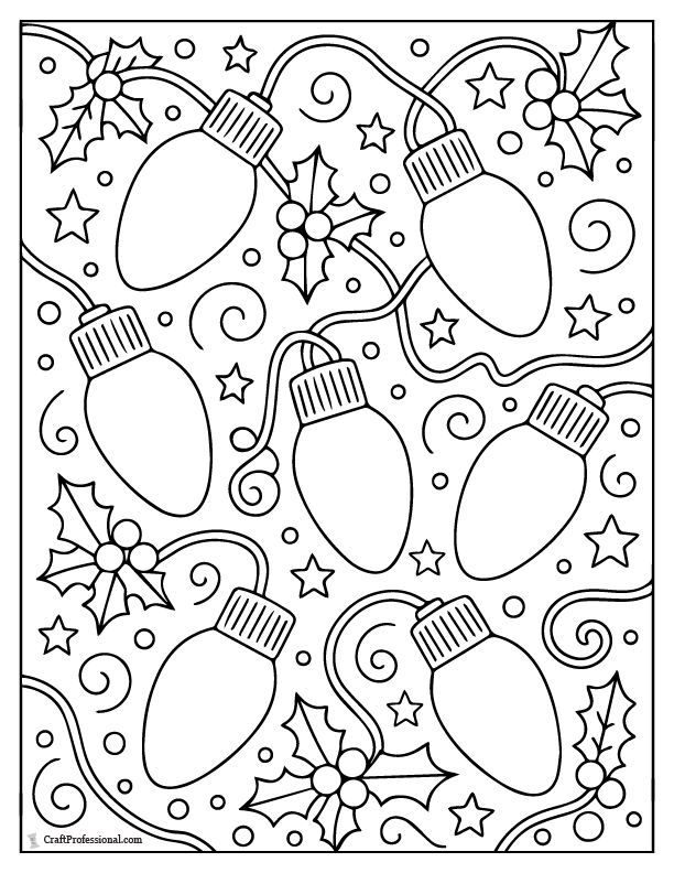 Detailed Christmas lights weaving through holly leaves coloring page.