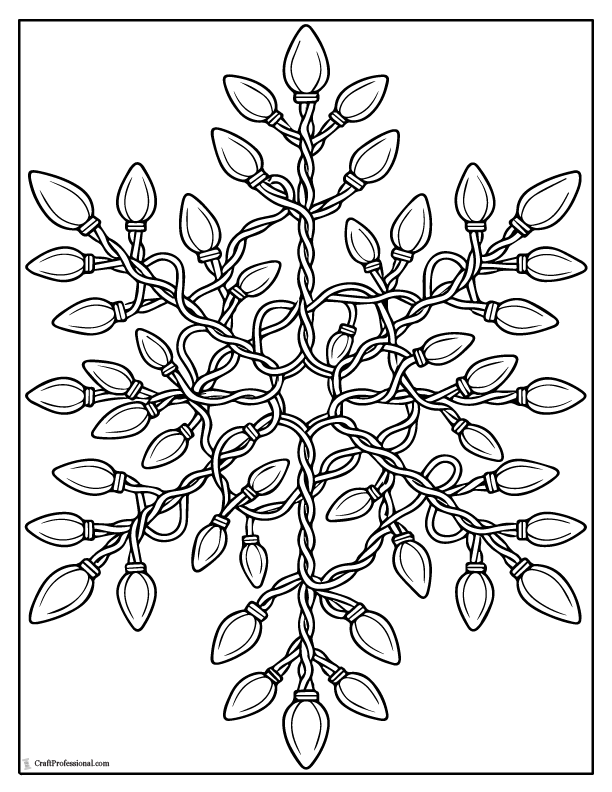 Christmas light strands intertwined in a snowflake shape to color.