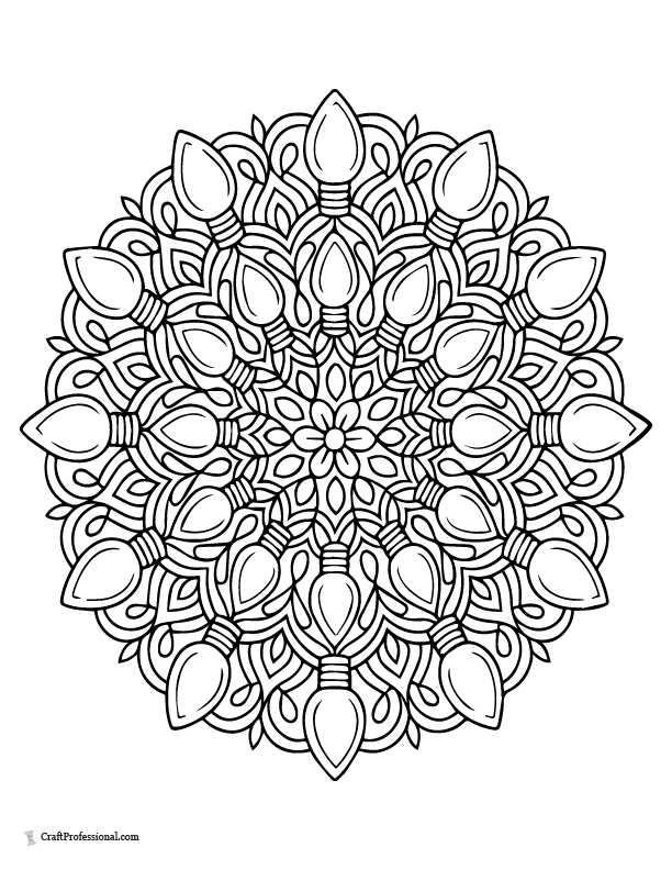 Mandala pattern with repeating Christmas light bulbs coloring page.