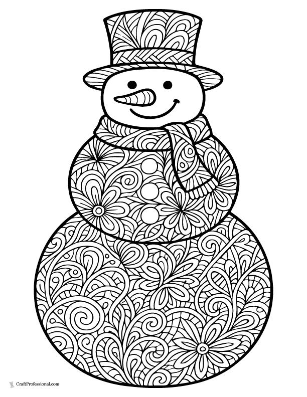 Mandala style snowman with detailed patterns, coloring page. 