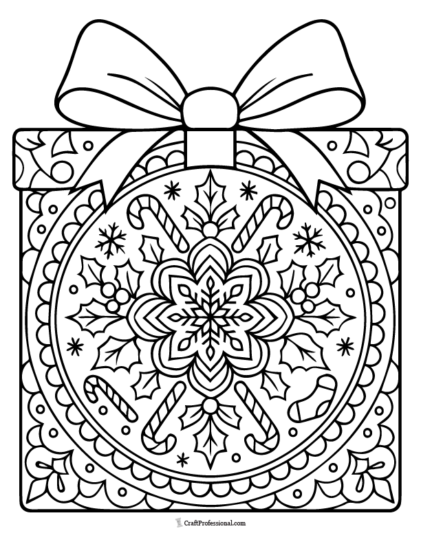 Wrapped present with intricate Christmas motif pattern coloring page.