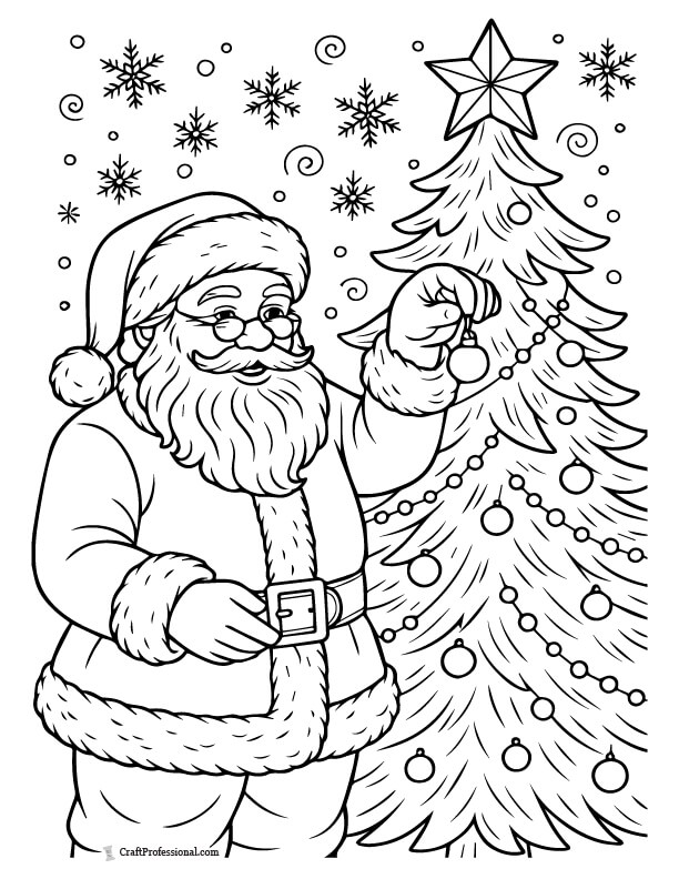 Santa decorating a Christmas tree with tiny ornaments coloring page.