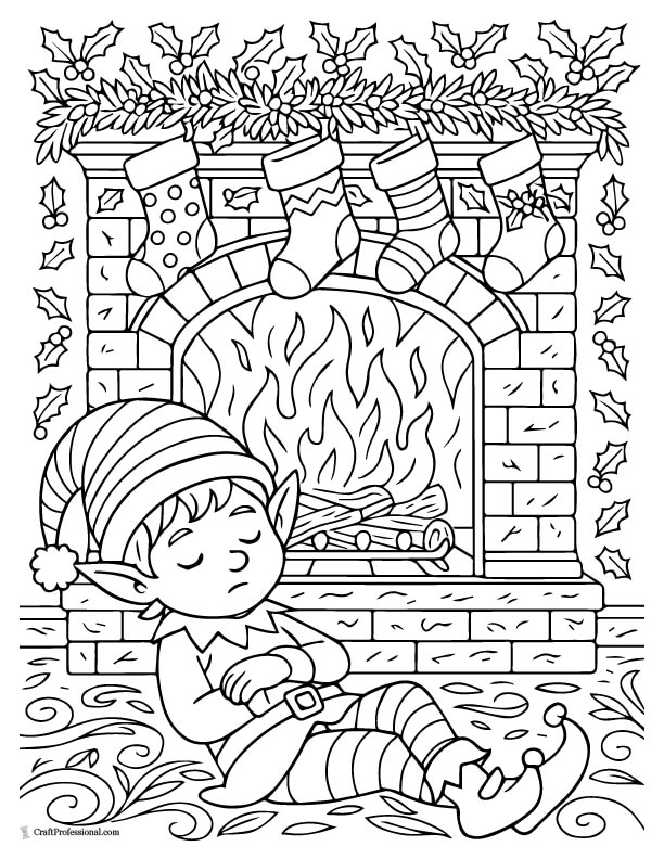 Sleepy elf resting in front of a fireplace coloring page for adults