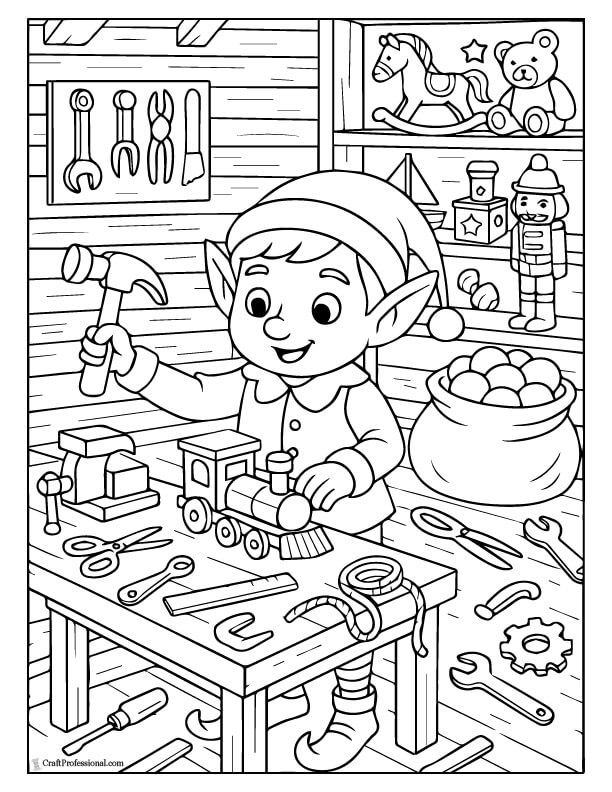 Whimsical elf workshop scene with tools and toys coloring page.