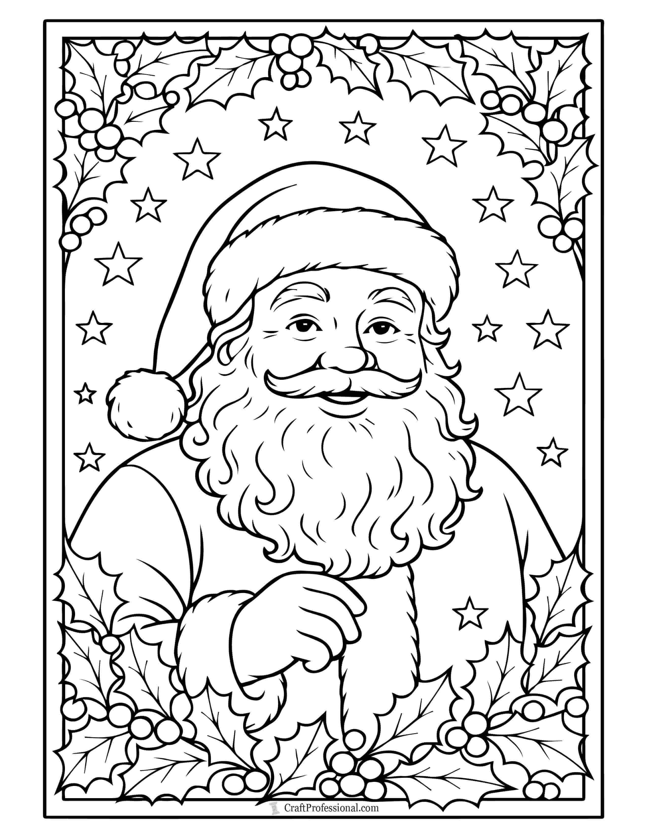 Santa in ornate frame with holly and stars coloring sheet