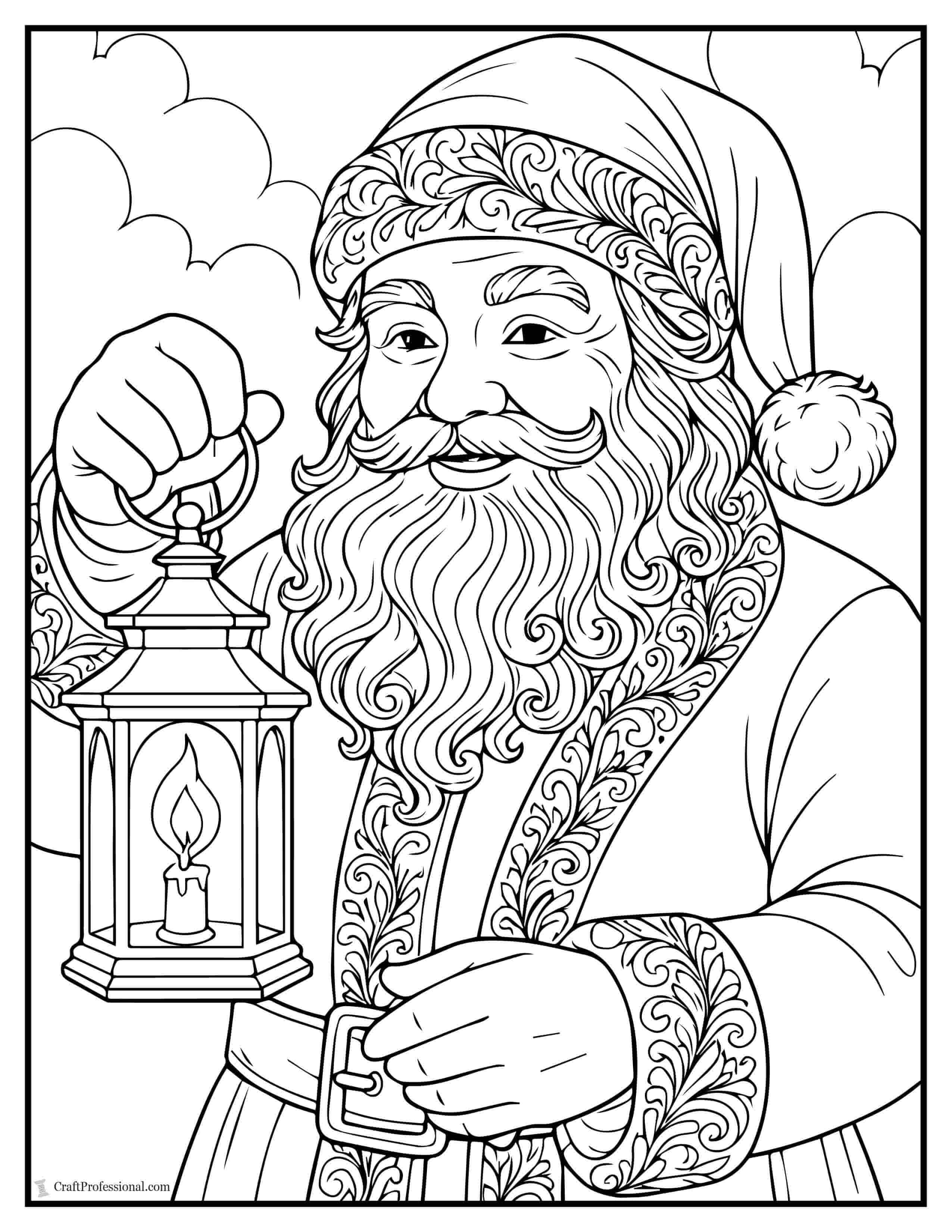 Santa holding an old-fashioned lantern coloring page