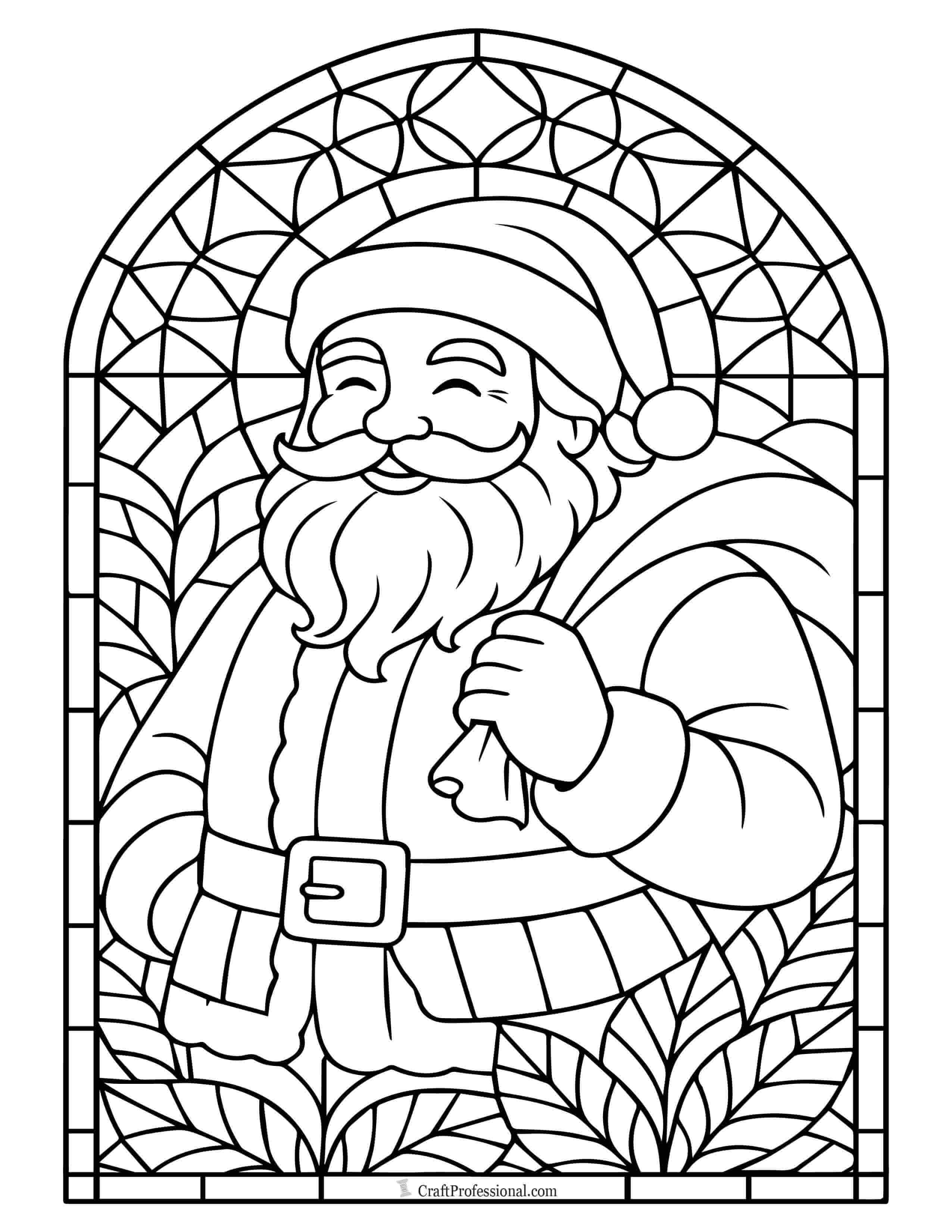 Santa inside a stained-glass style window coloring page