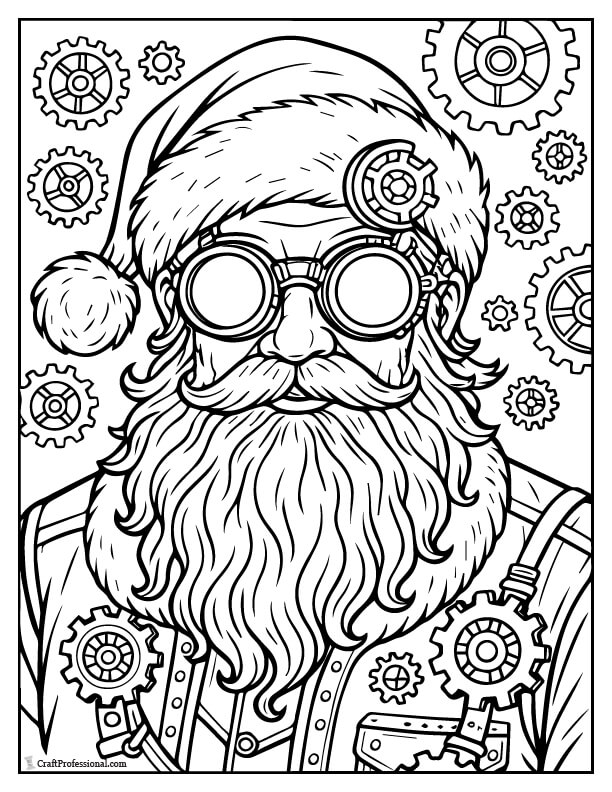 Steampunk-style Santa with gears and snowy goggles detailed coloring page.