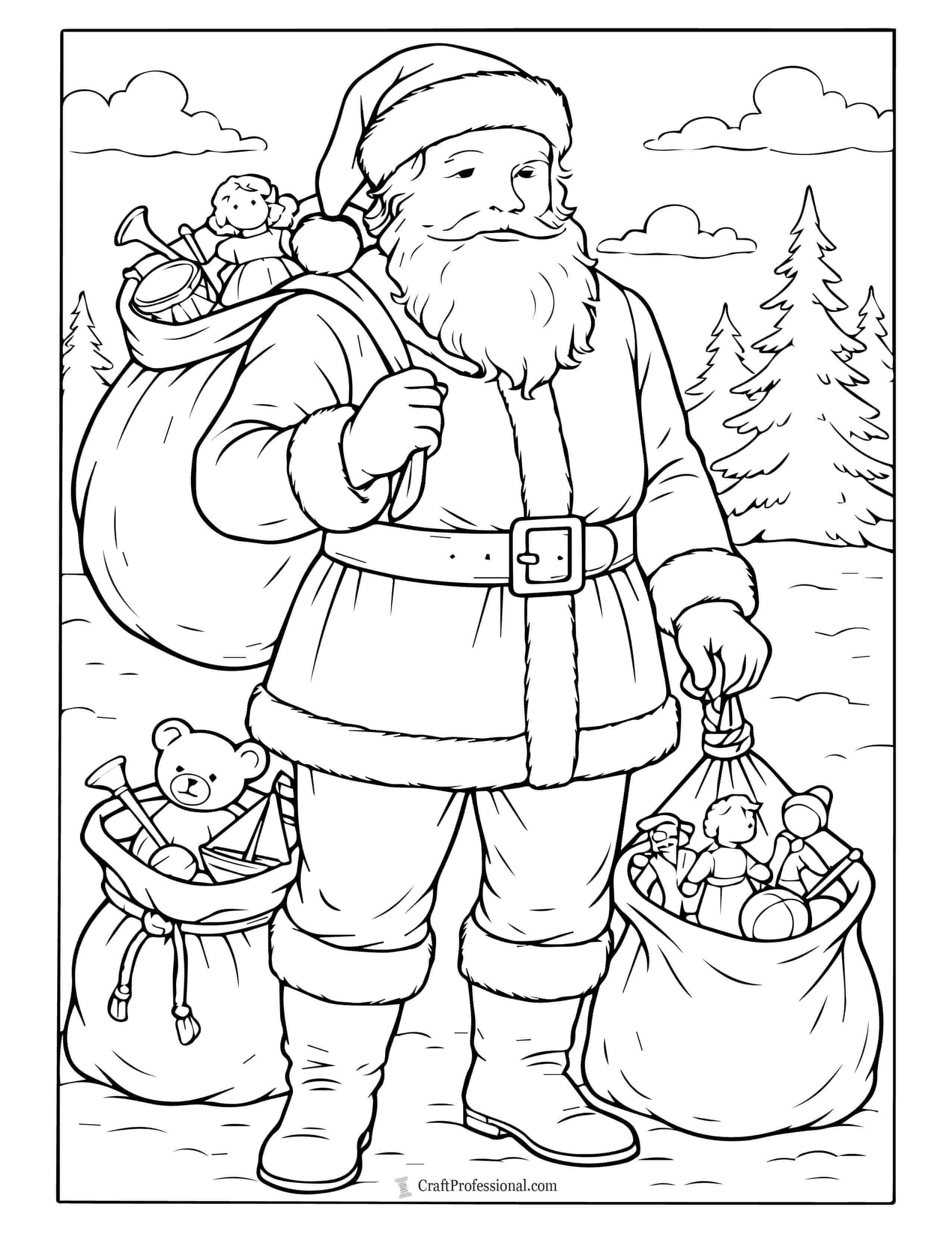 Intricate Victorian-style Santa with toy sack coloring page