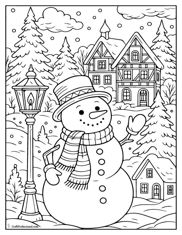 Snowman in a winter village scene, detailed coloring pages for adults.