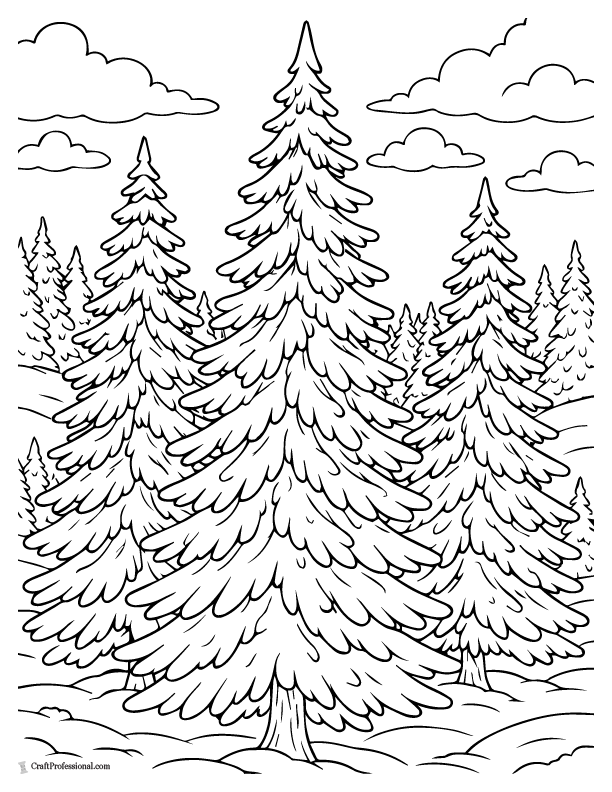 Detailed winter forest trees coloring page.