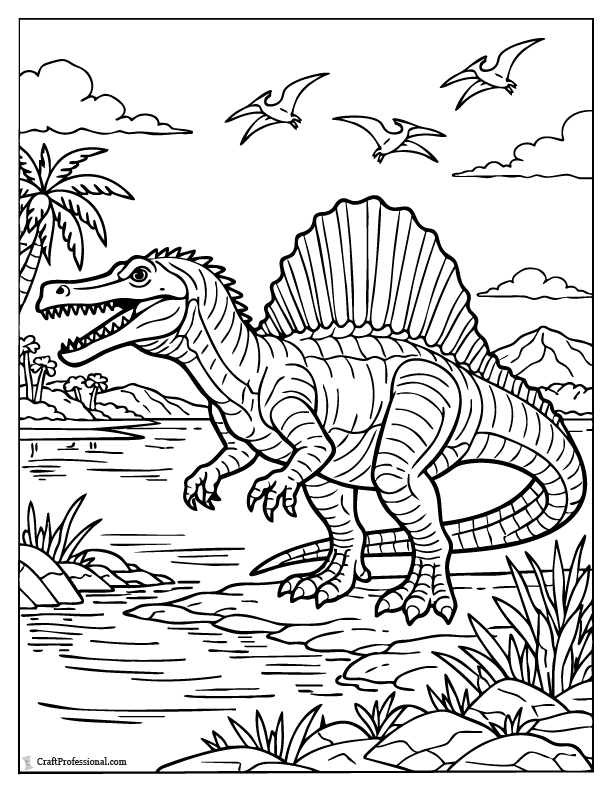 Detailed spinosaurus near water coloring page