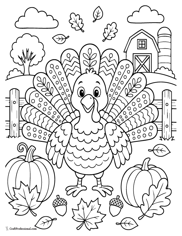 Detailed Thanksgiving turkey coloring page with patterned feathers and fall leaves.