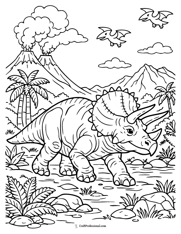 Detailed triceratops walking coloring page