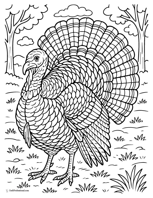 Detailed turkey standing in a field coloring page