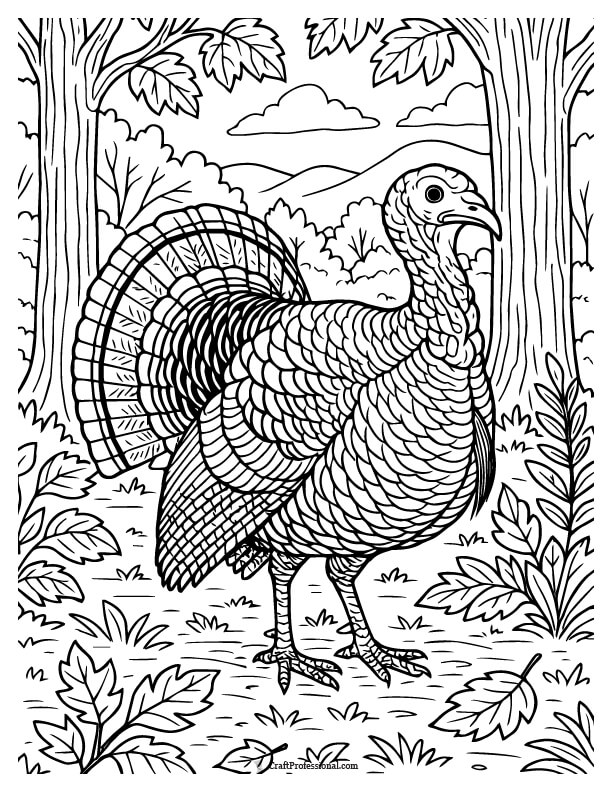 Detailed turkey in a forest coloring book page
