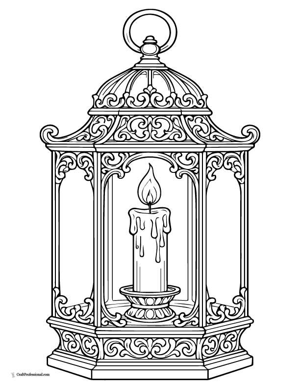 Detailed victorian candle in a glass lantern coloring sheet.