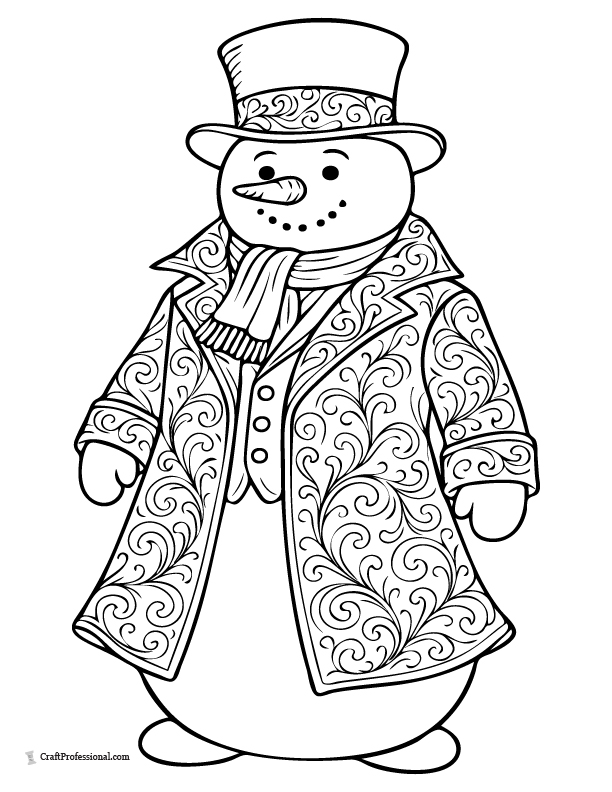 Victorian snowman wearing a fancy coat, detailed coloring sheet.