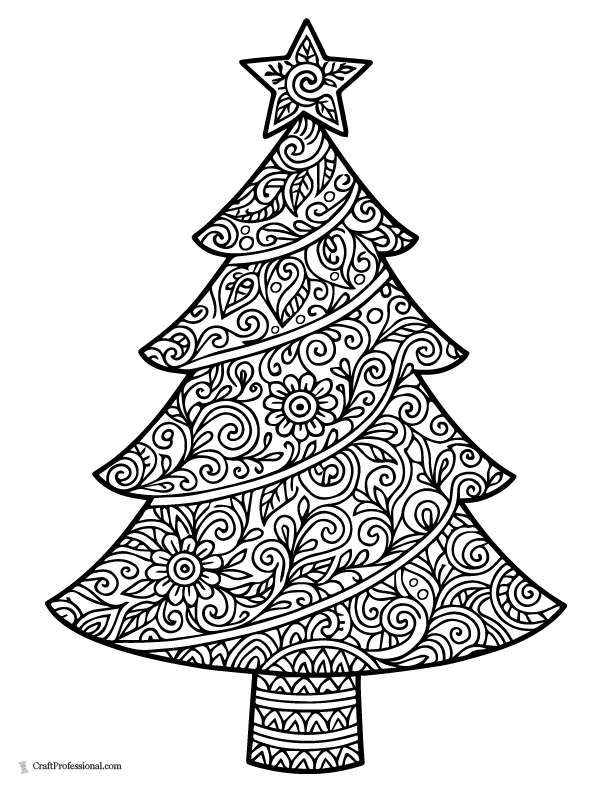 Zentangle Christmas tree leaves and spirals coloring page.