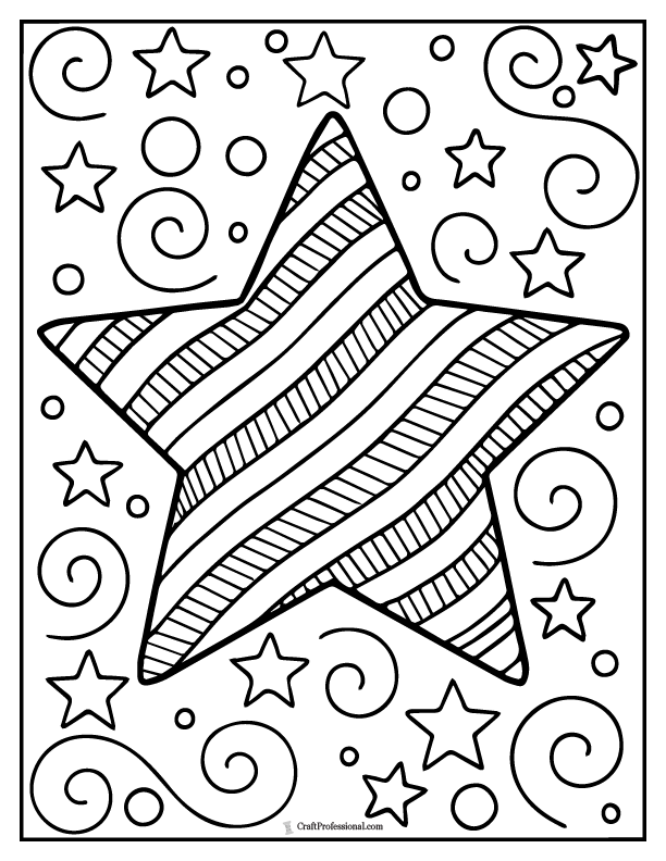 Diagonally striped star coloring page with detailed background.