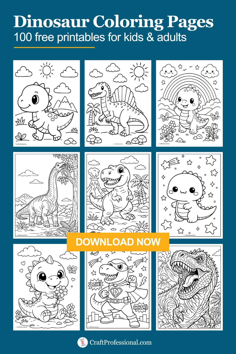 Collage of dinosaur coloring pages with text "Dinosaur Coloring Pages, 100 free printables for kids and adults" featuring a mix of cute, easy, and realistic designs to print