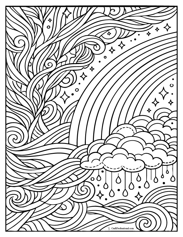 Minimalist abstract lines merging into a rainbow arc in a printable coloring page.