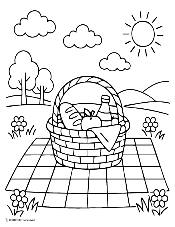 Easter basket coloring page on a checkered picnic blanket.