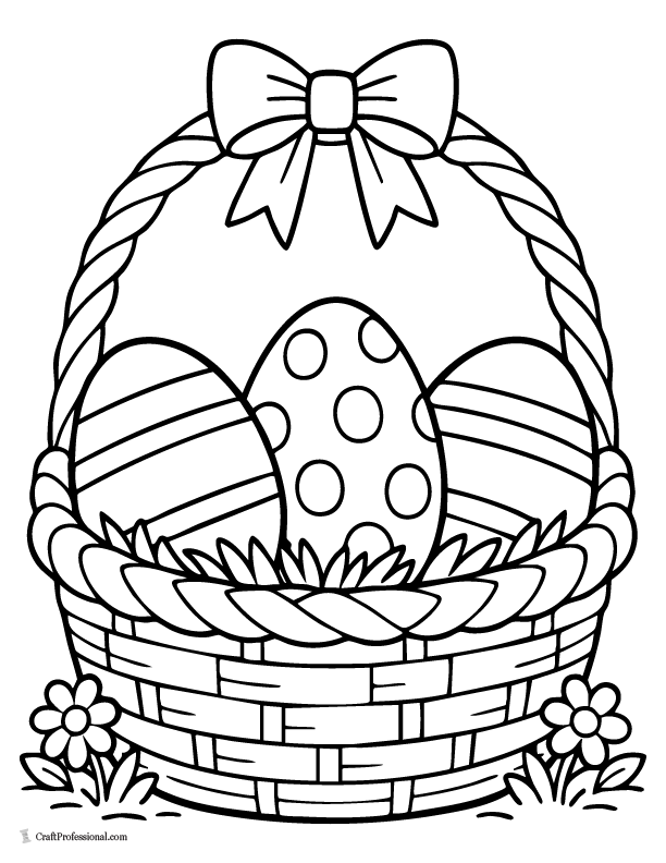 Big oval Easter basket coloring page with three large eggs decorated with simple stripes and dots.