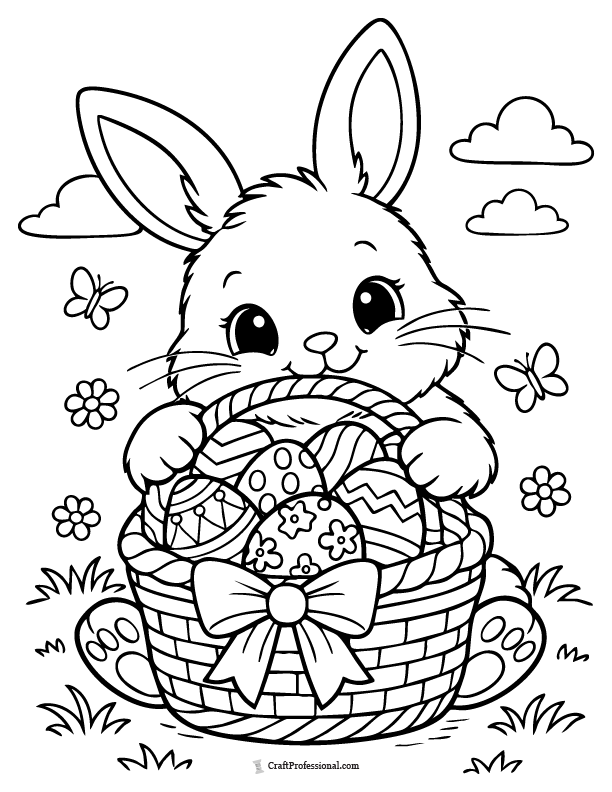 Easter basket coloring page of a bunny hugging a basket of Easter eggs.