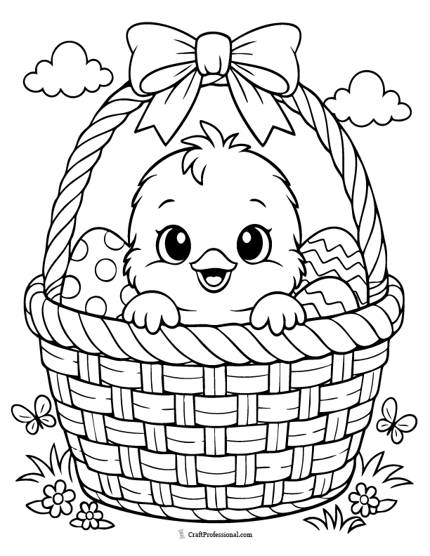 Easter basket coloring page with a chick peeking over the basket rim and eggs visible.