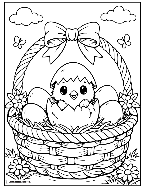 Easter basket coloring page with a cracked egg and a baby chick peeking out.