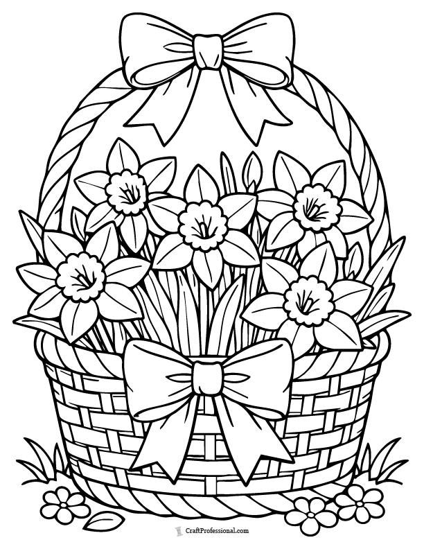 Easter basket coloring page with daffodils and a ribbon, medium detail.