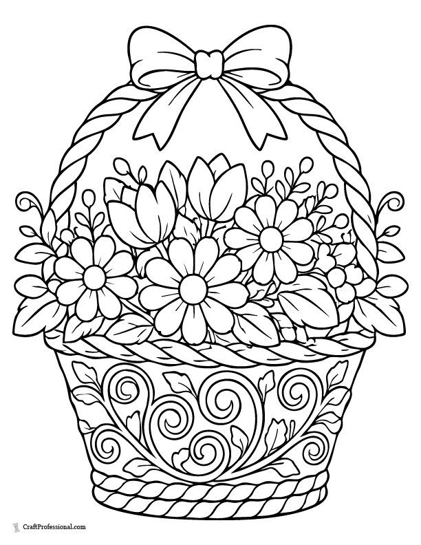 Detailed filigree Easter basket coloring page with flowers, swirls, and vines.
